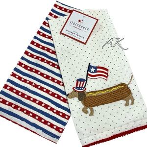 Storehouse Americana Dachshund Patriotic Hotdog 2pc Kitchen Towel Set 🐾 Doxie